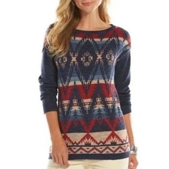 Chaps Womens Southwestern Knit Sweater L Blue Red 100% Cotton Aztec - Picture 1 of 6